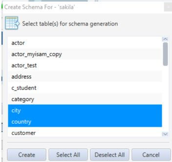 C teat* Schema For - •sakila• 
table(s) for schema generation 
c_student 
Cu Sto mer 
select All 